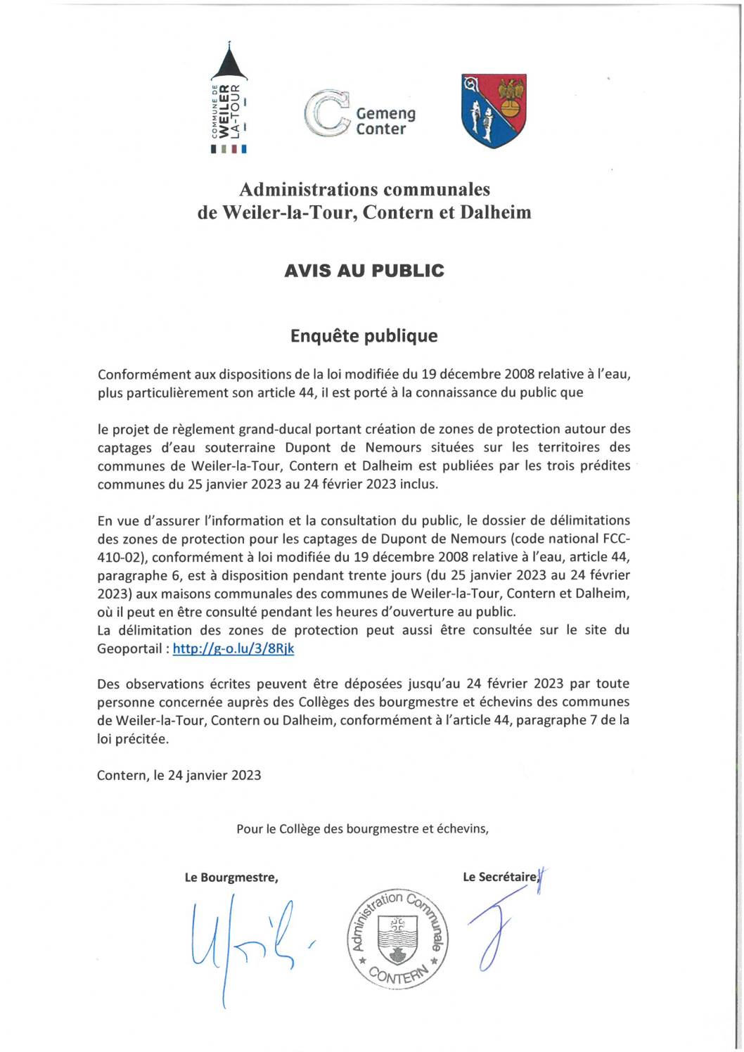 20230125 Avis - Enquête Public Zones de protection captage DuPont