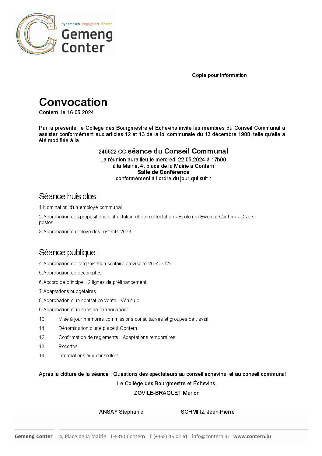 Convocation - Séance du Conseil Communal – 22 05 2024 1700