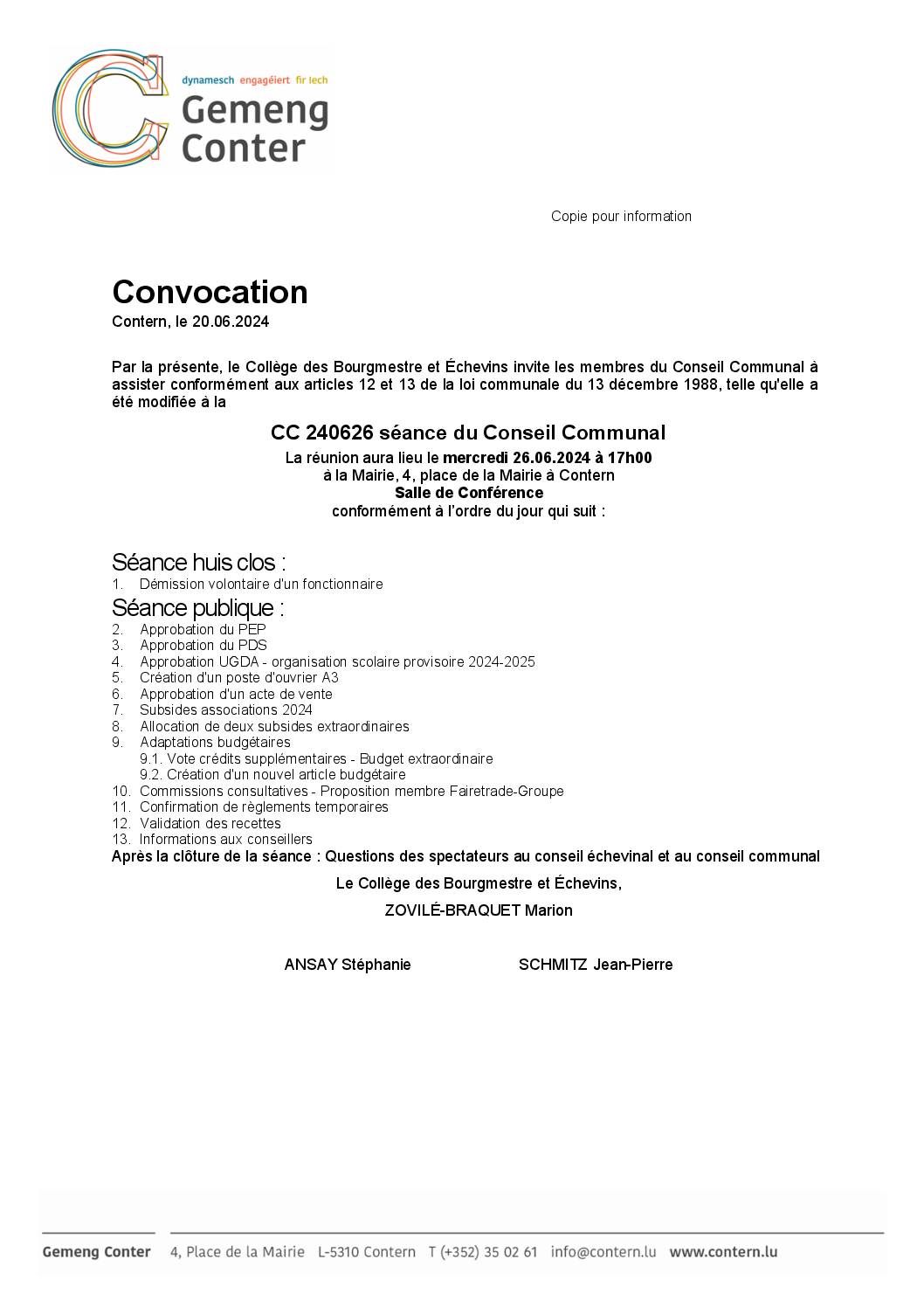 Convocation - Séance du Conseil Communal CC 240626 - 26062024 1700