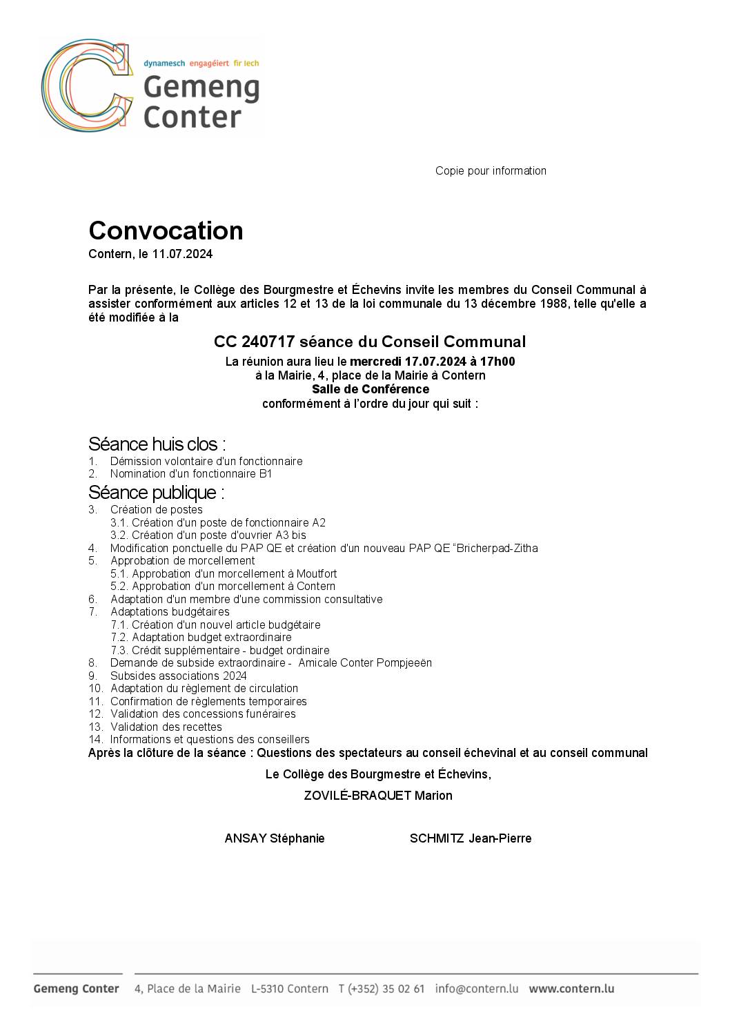 Convocation - Séance du Conseil Communal CC 240717 - 17072024 1700