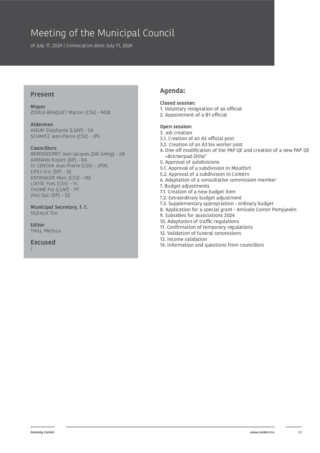 2024 07 17 Meeting of the Municipal Council