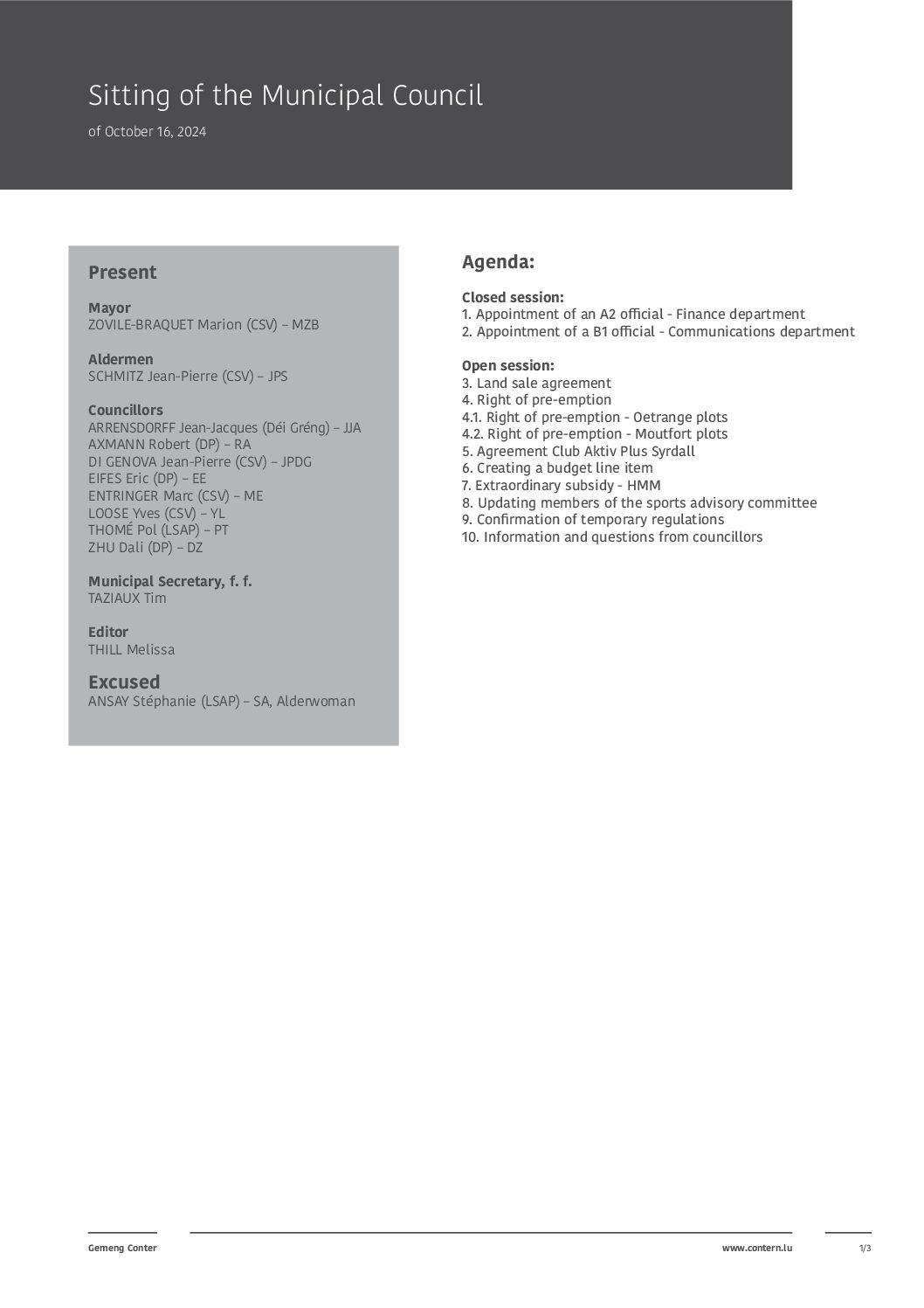 2024 10 16 Sitting of the Municipal Council