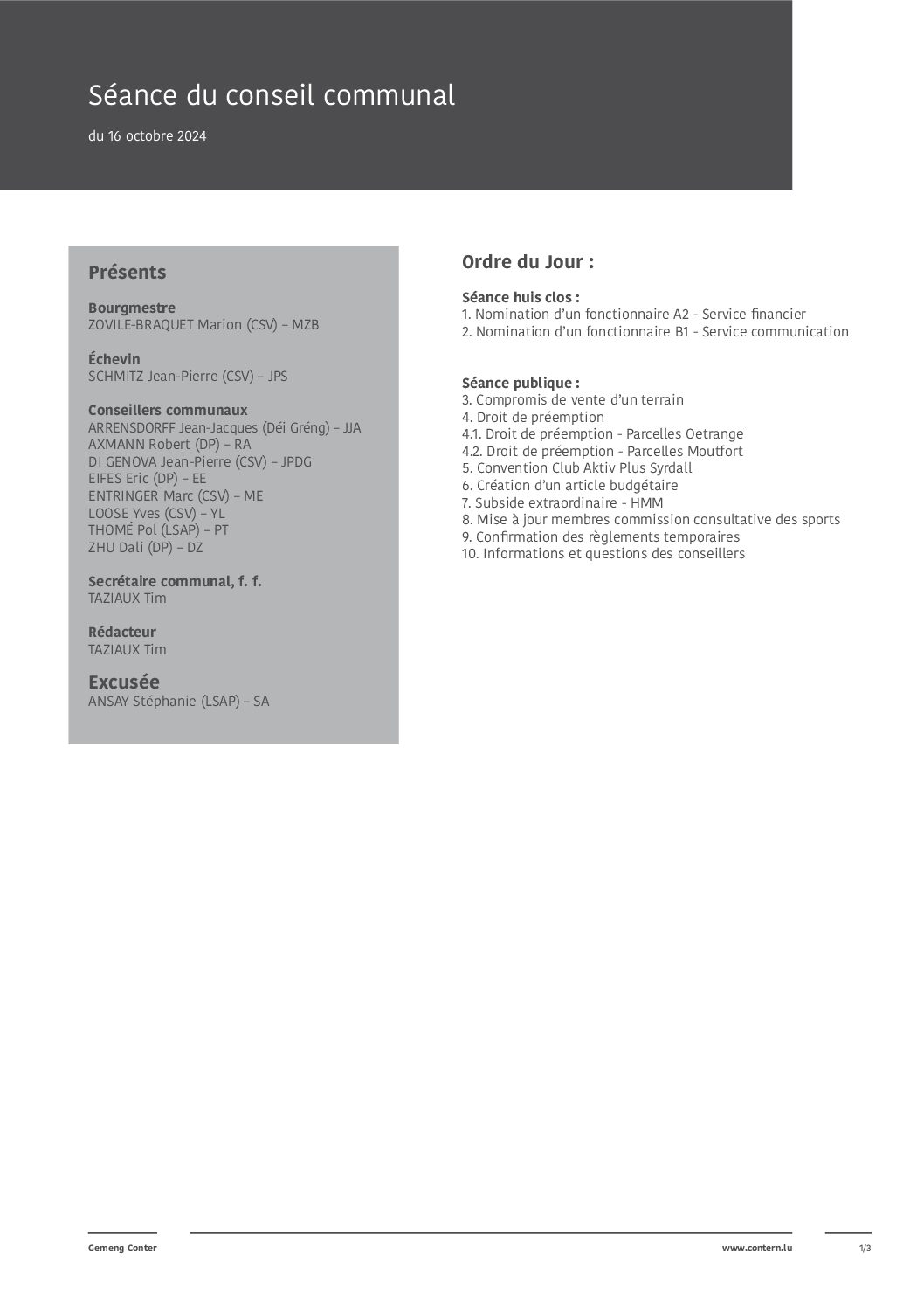 2024 10 16 Séance du conseil communal