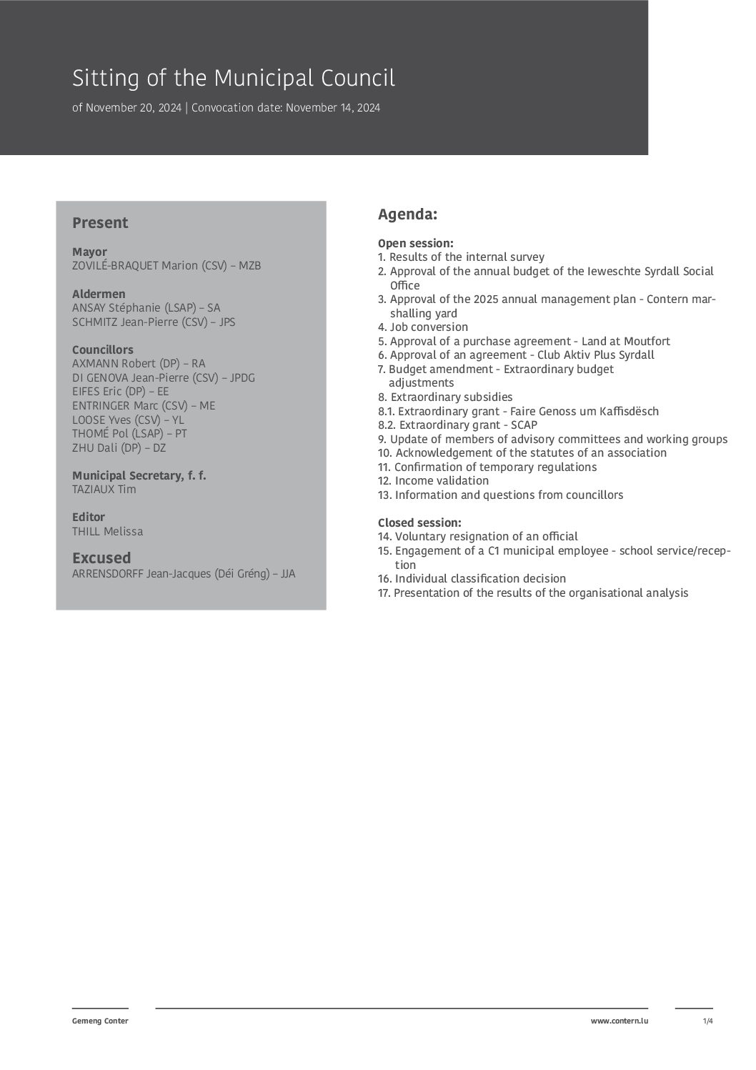 2024 11 20 Sitting of the Municipal Council