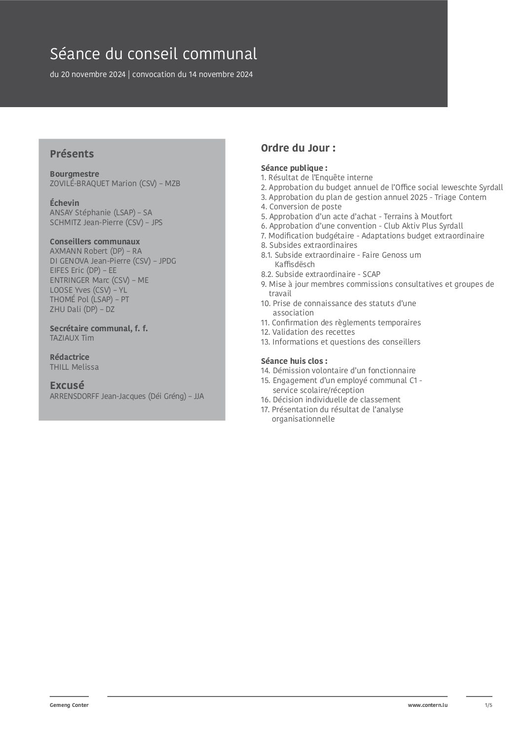 2024 11 20 Séance du conseil communal
