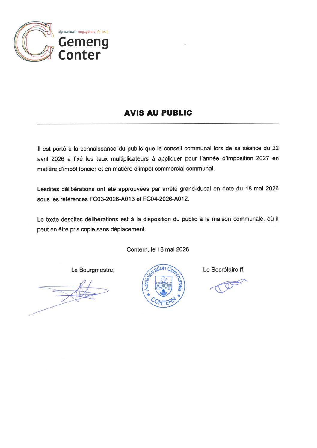 26 05 18 Avis au public - taux multiplicateurs