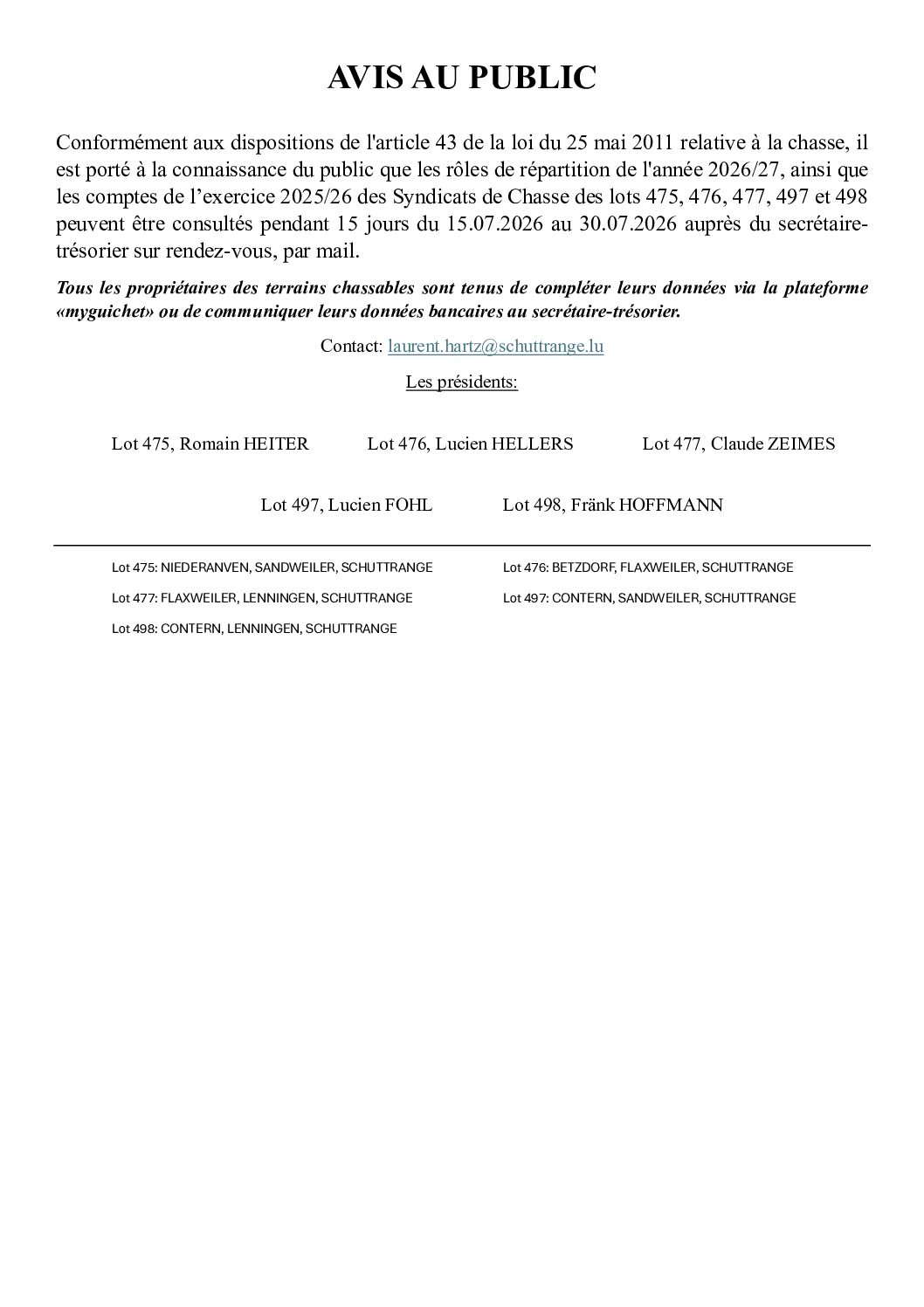 26 07 15 Avis Chasse Lots 475-476-477-497-498
