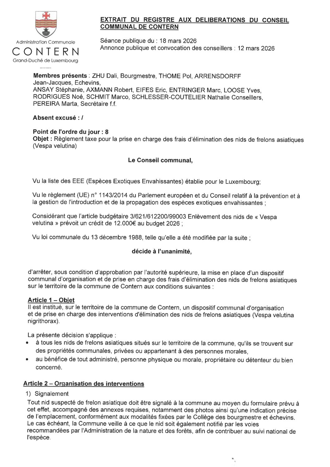 26 03 24 Règlement taxe prise en charge élimination nids de frelons asiatiques - extrait