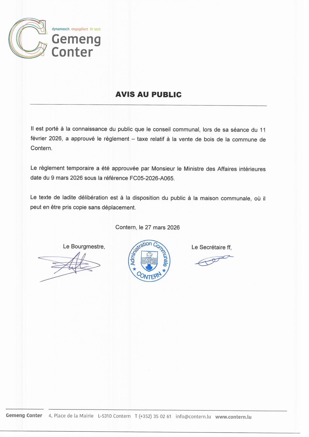 26 03 27 avis règlement approuvé vente de bois