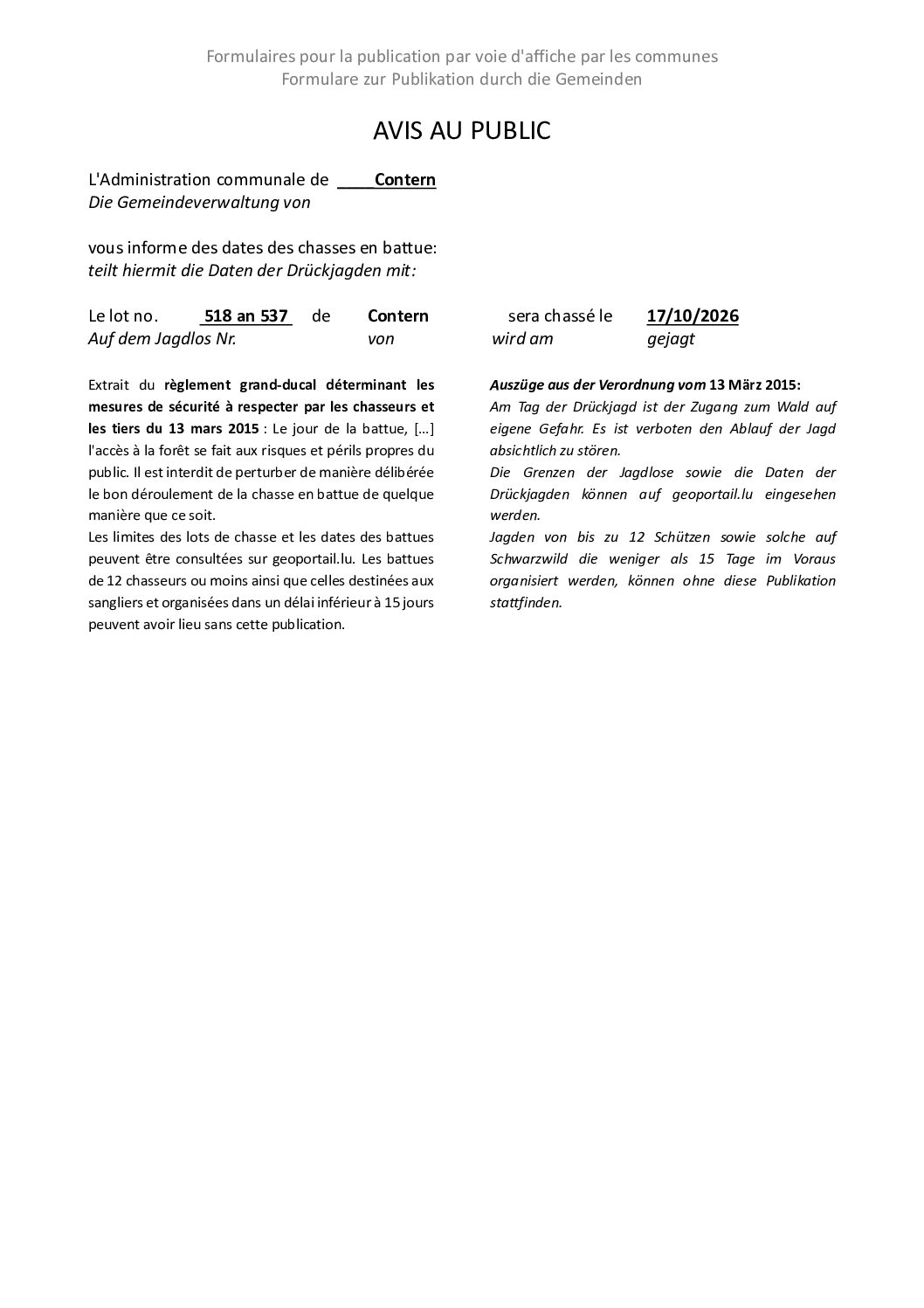 2026 10 17 Avis Chasse Commune Contern 2026