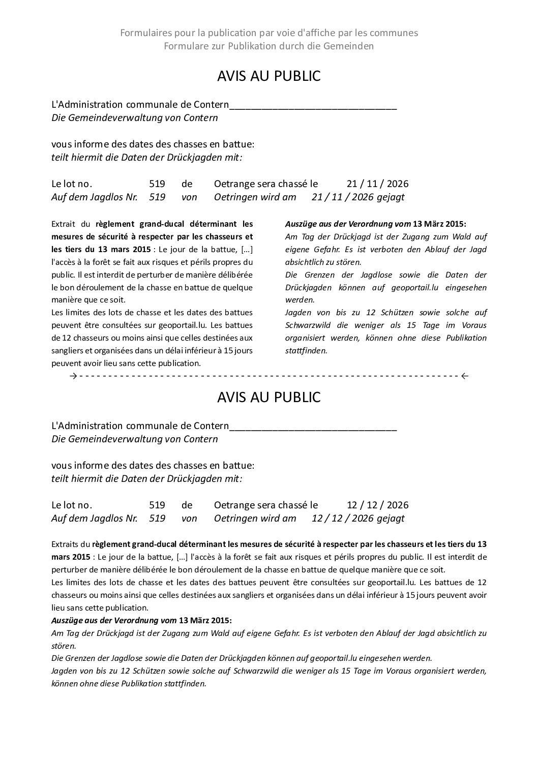 26 09 28 Avis Chasse Lot519