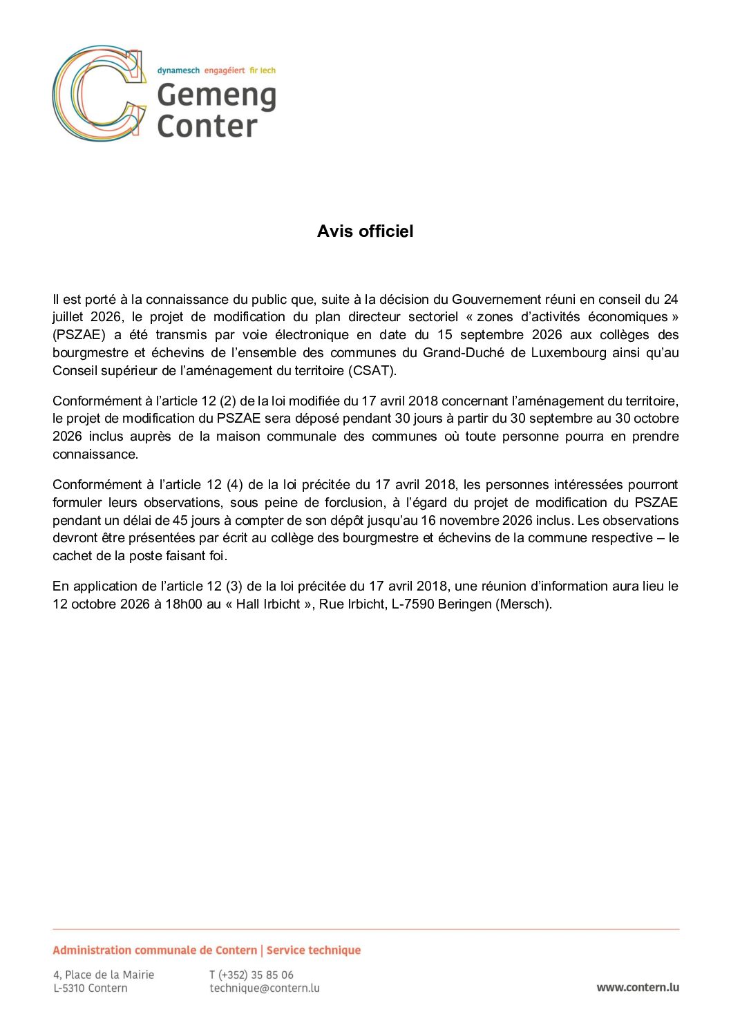 Avis officiel_projet de modification du plan directeur sectoriel « zones d’activités économiques »