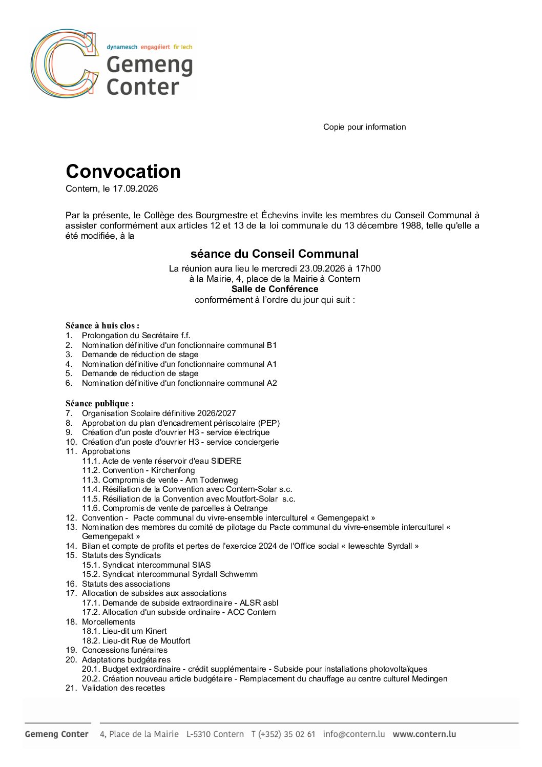 Convocation - Séance du Conseil Communal CC260923 - 23092026 1700